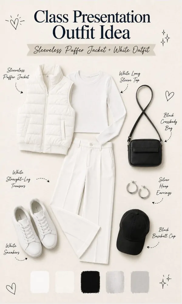 Sleeveless Puffer Jacket + White Outfit - Class Presentation Outfit Idea