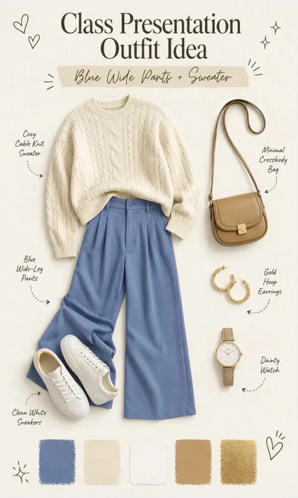 Blue Wide Pants + Sweater - Class Presentation Outfit Idea