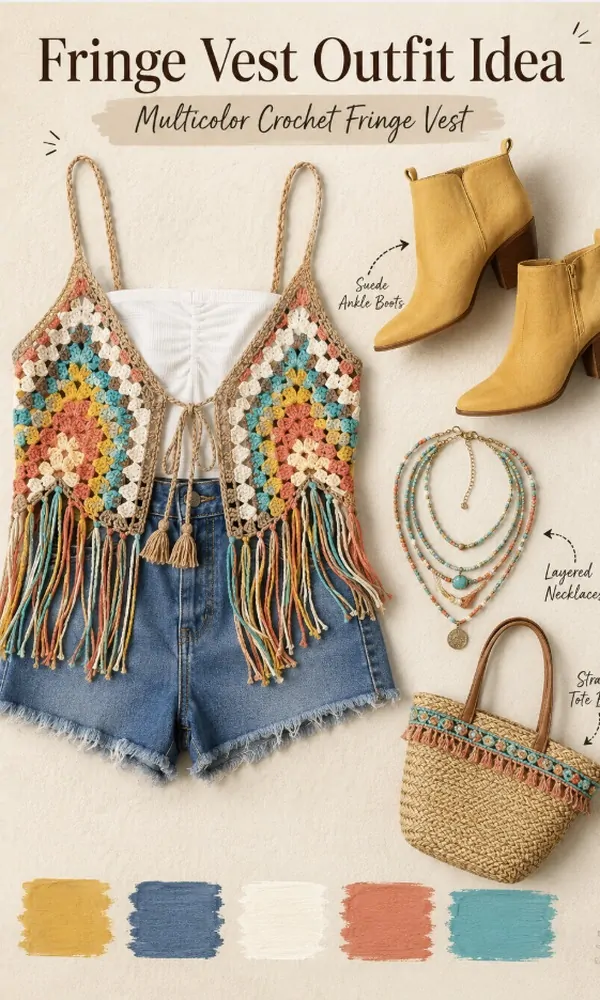 Multicolor Crochet Fringe Vest - Fringe Vest Outfit Idea