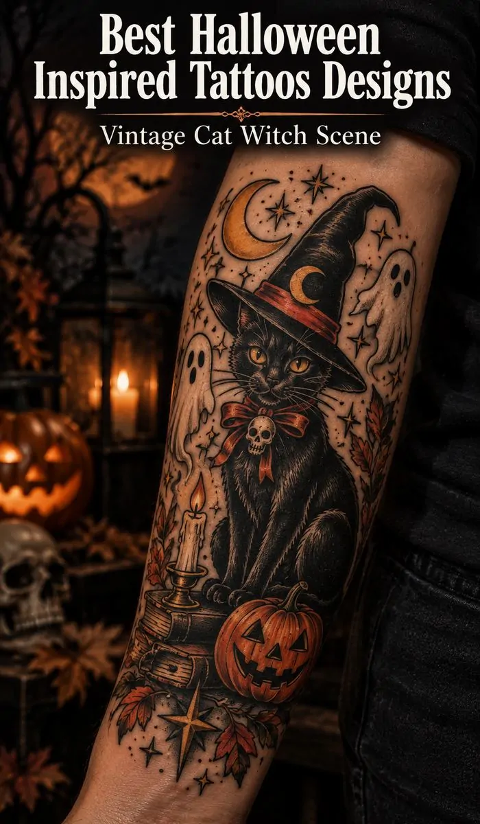 Vintage Cat Witch Scene tattoo