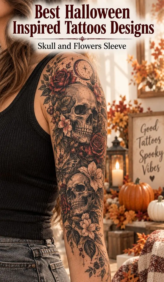 Skull and Flowers Sleeve tattoo