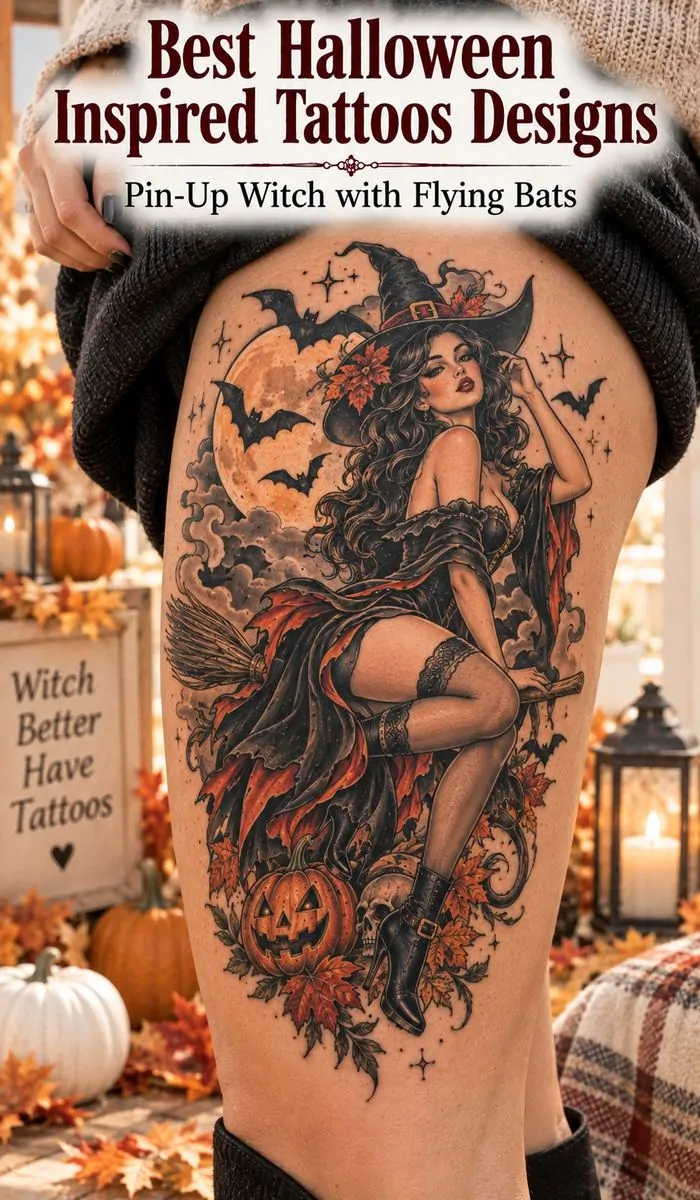 Pin-Up Witch with Flying Bats tattoo