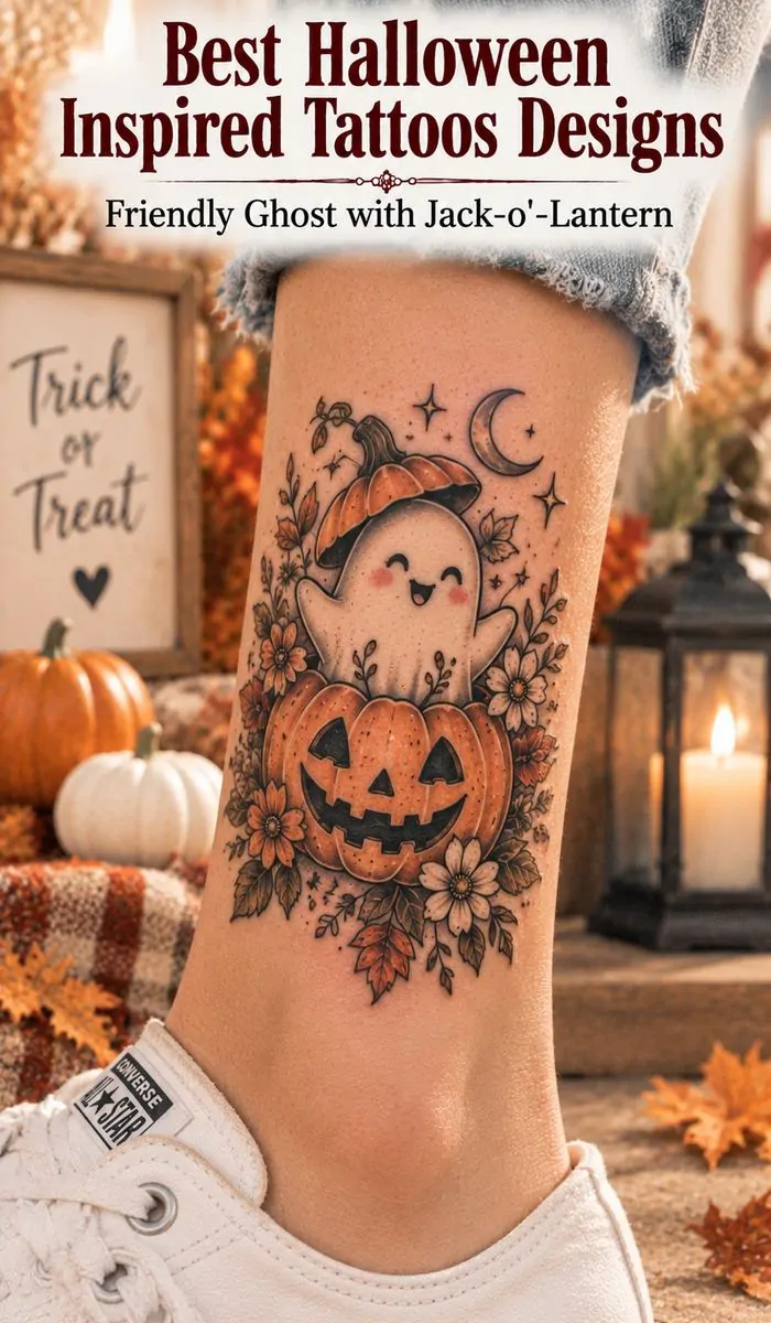 Friendly Ghost with Jack-o'-Lantern tattoo