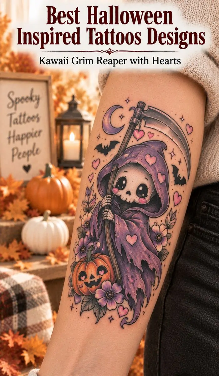 Kawaii Grim Reaper with Hearts tattoo