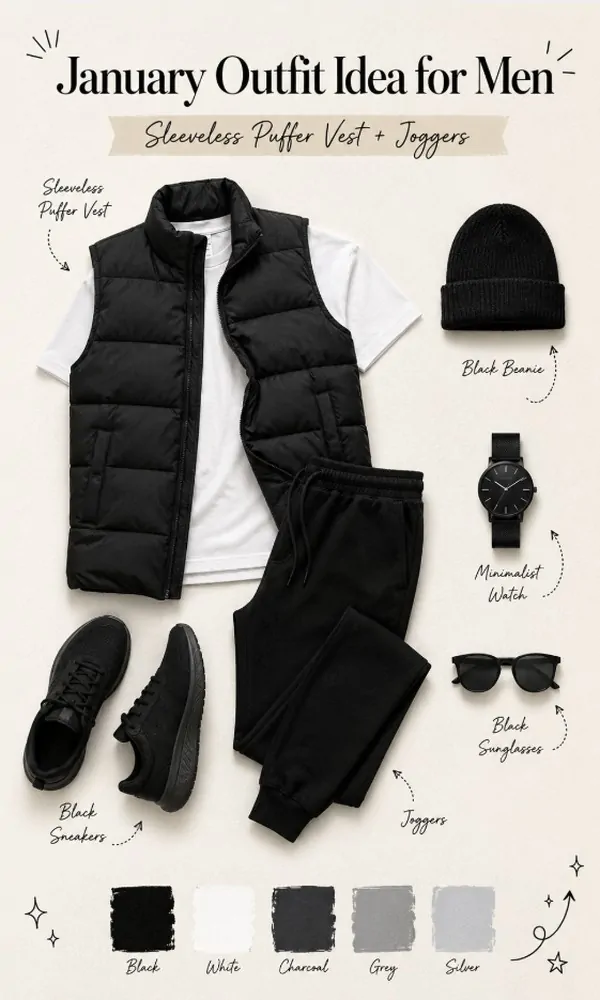 Sleeveless Puffer Vest + Joggers - January Outfit Idea for Men