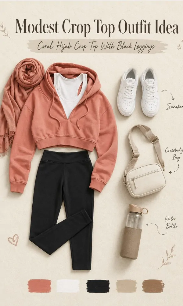 Coral Hijab Crop Top With Black Leggings - Modest Crop Top Outfit Idea