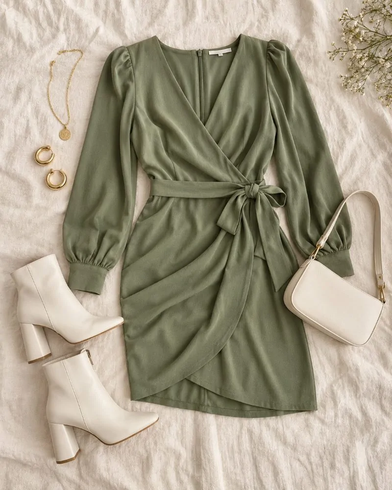 Sage green mini dress with white boots