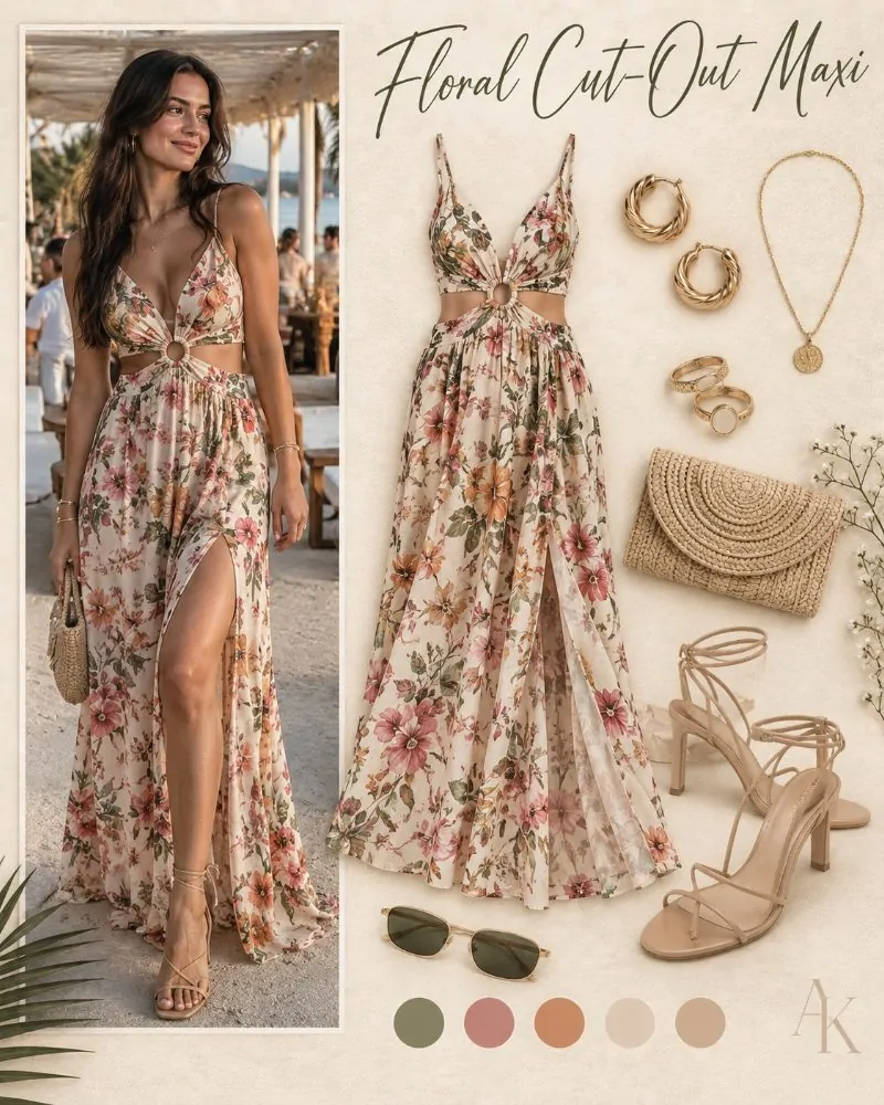 Floral cut-out maxi dress with thigh split