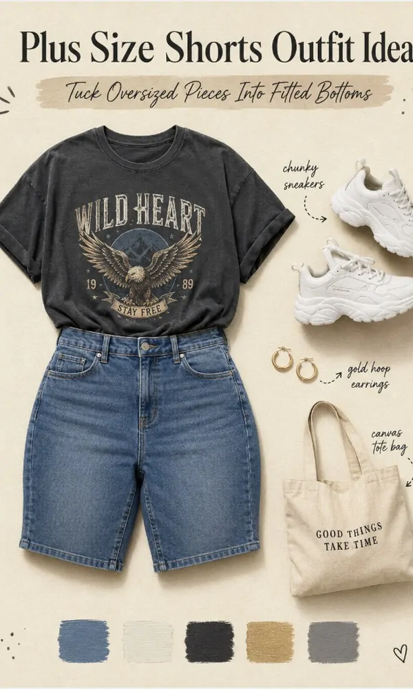 Tuck Oversized Pieces Into Fitted Bottoms - Plus Size Shorts Outfit Idea