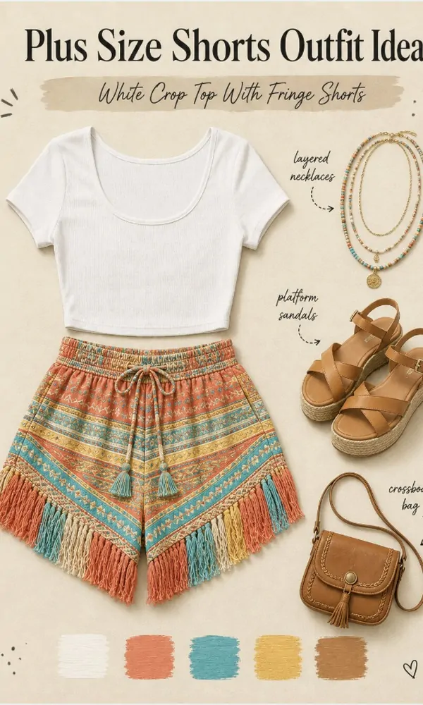 White Crop Top with Fringe Shorts - Plus Size Shorts Outfit Idea