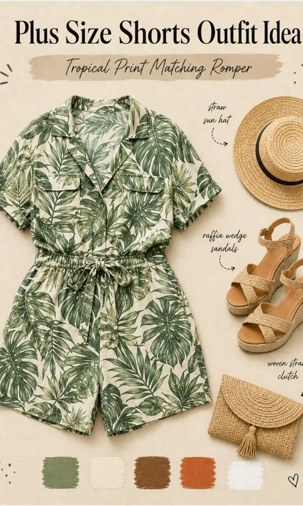 Tropical Print Matching Romper - Plus Size Shorts Outfit Idea
