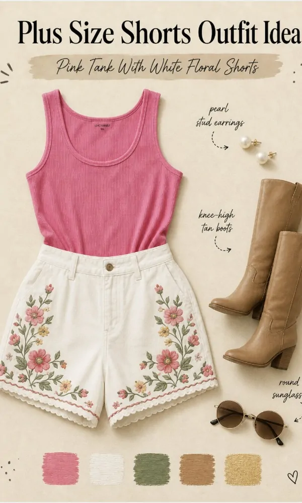 Pink Tank With White Floral Shorts - Plus Size Shorts Outfit Idea