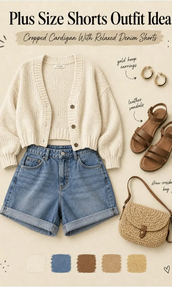 Cropped Cardigan with Relaxed Denim Shorts - Plus Size Shorts Outfit Idea