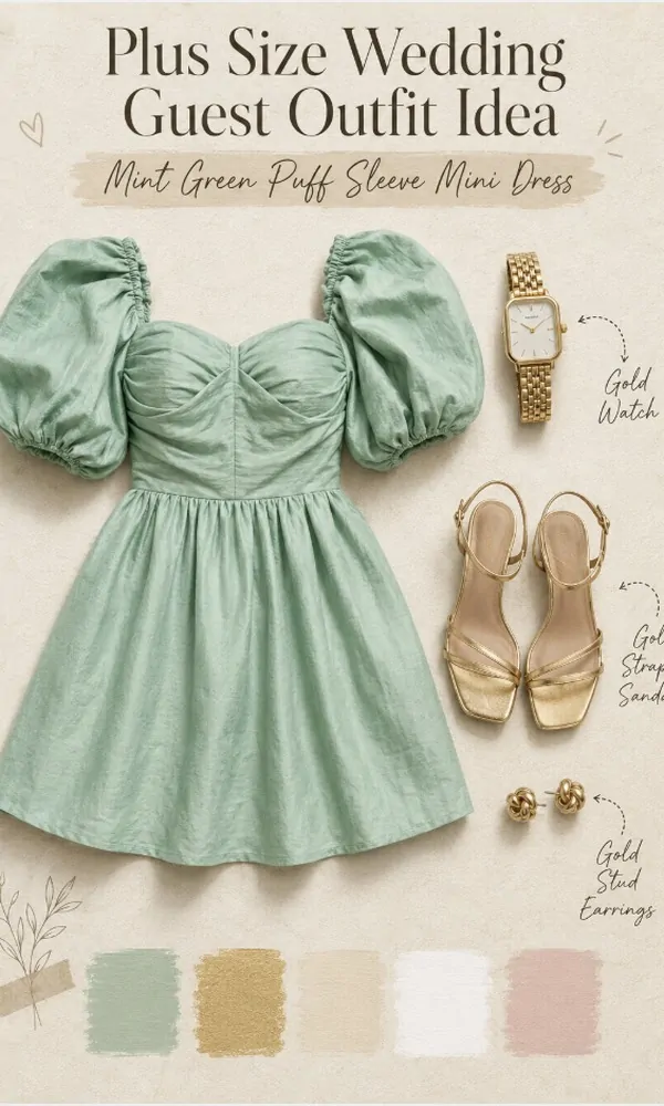 Mint Green Puff Sleeve Mini Dress - Plus Size Wedding Guest Outfit Idea