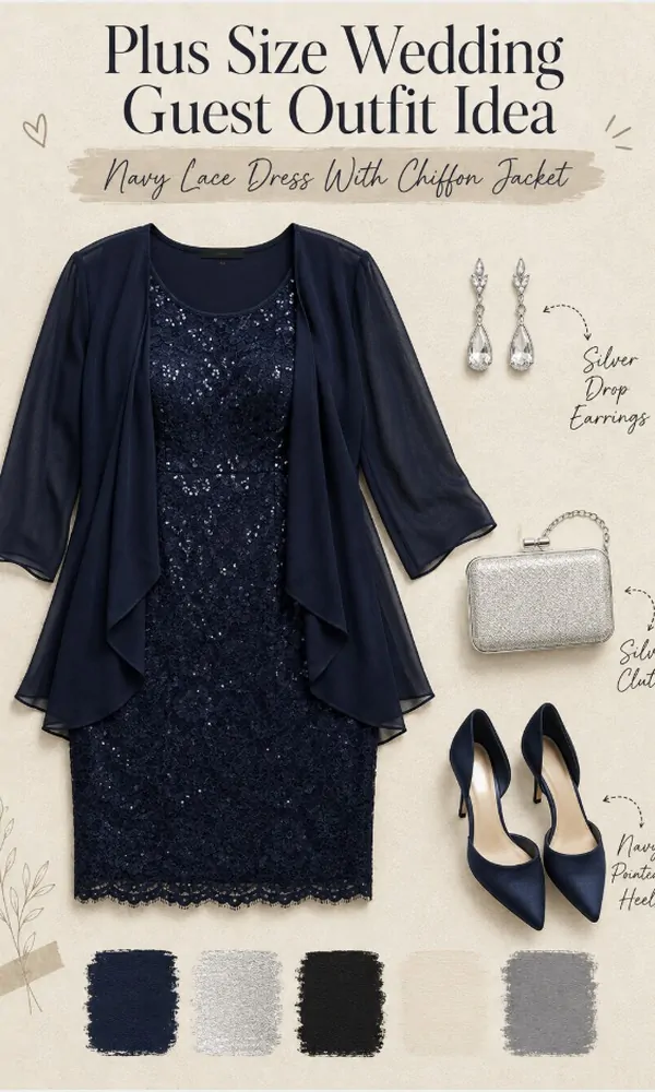 Navy Lace Dress with Chiffon Jacket - Plus Size Wedding Guest Outfit Idea
