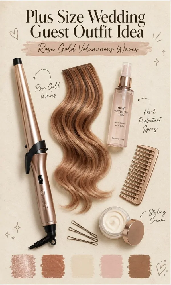 Rose Gold Voluminous Waves Hairstyle - Plus Size Wedding Guest Outfit Idea