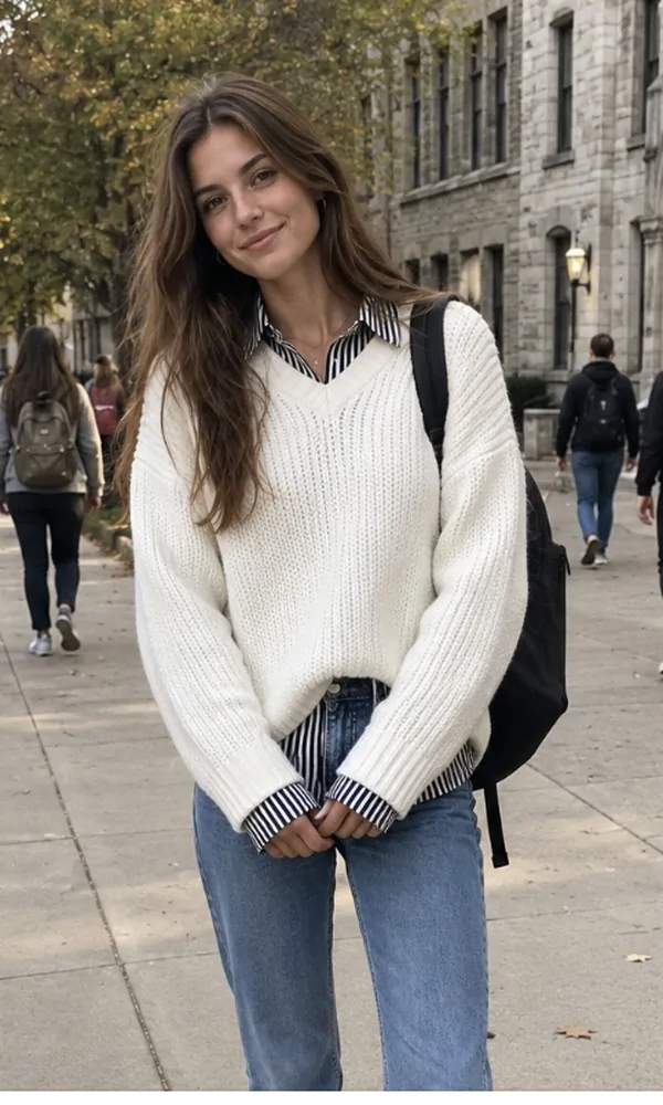 White Chunky Knit Over a Striped Shirt