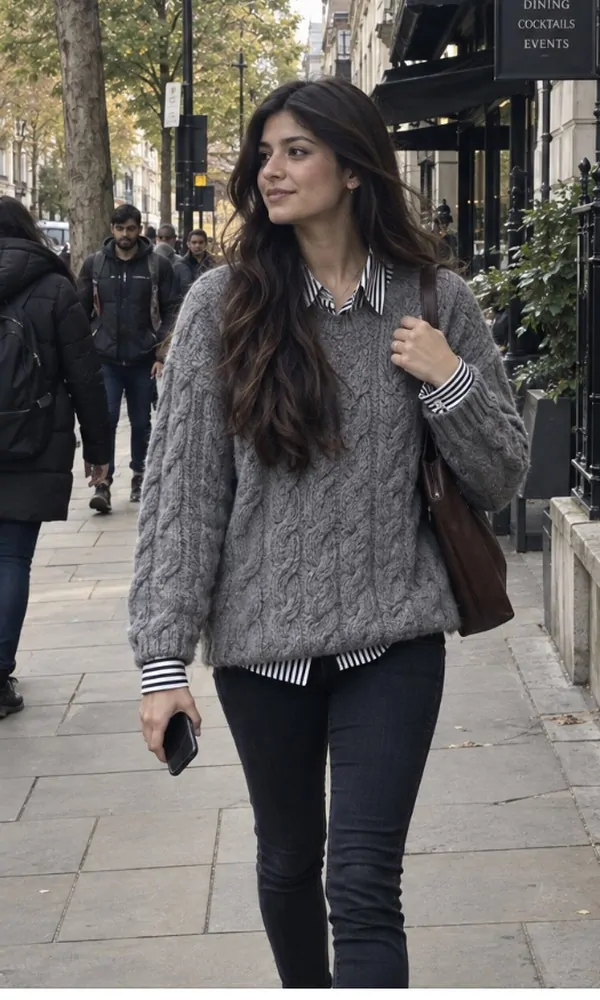Grey Oversized Sweater with Striped Shirt Underneath