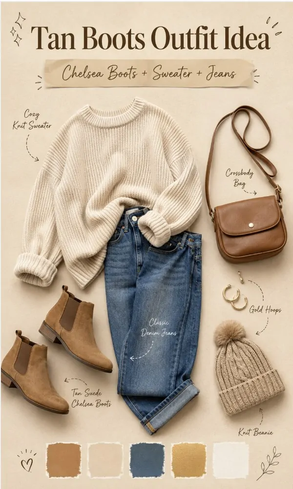 Chelsea Boots + Sweater + Jeans - Tan Boots Outfit Idea