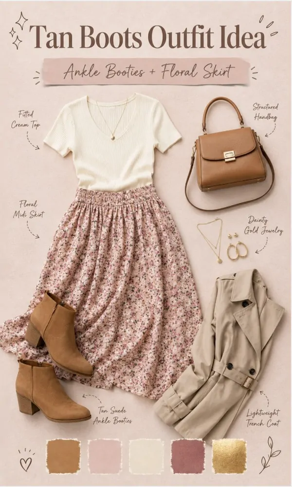 Ankle Booties + Floral Skirt - Tan Boots Outfit Idea