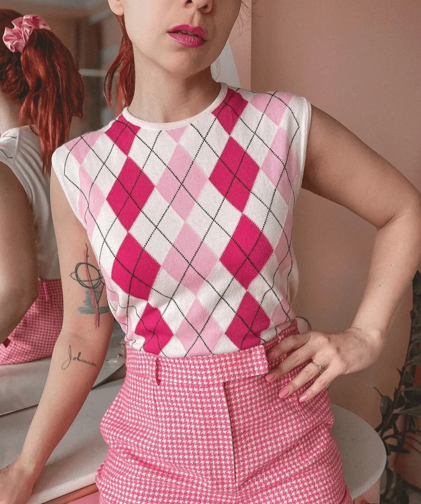 Argyle Pattern Vest With Pink Plaid Shorts