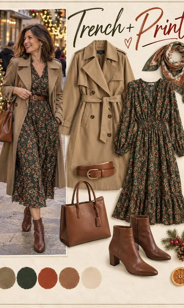Khaki trench coat with printed dress Christmas outfit for women over 50