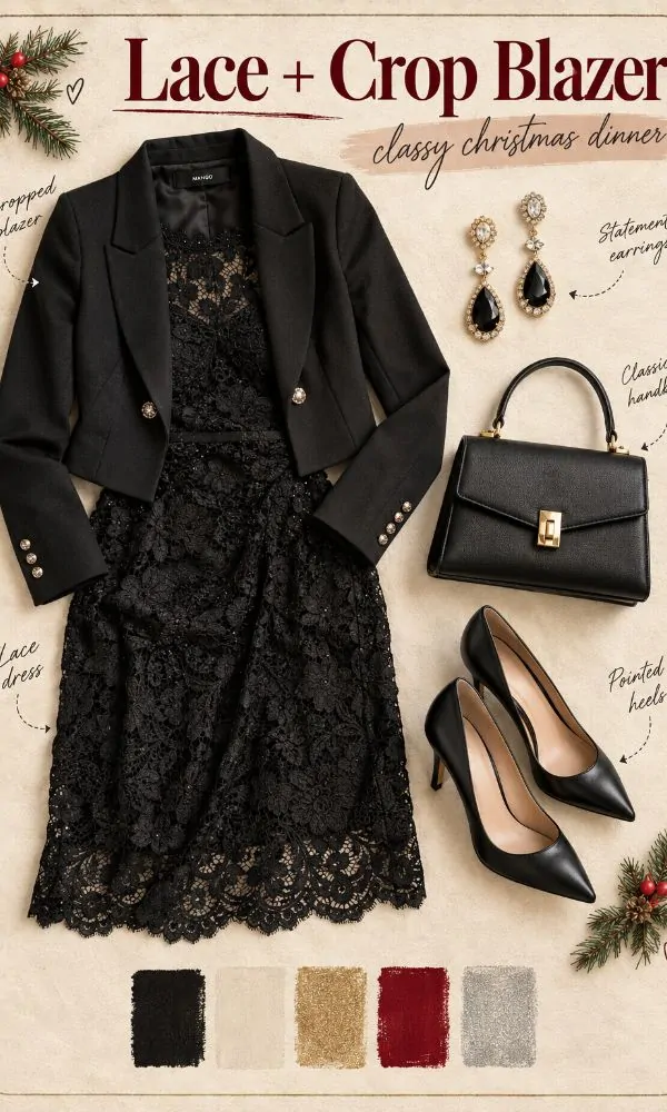 Crop blazer with black lace dress Christmas outfit for women over 50
