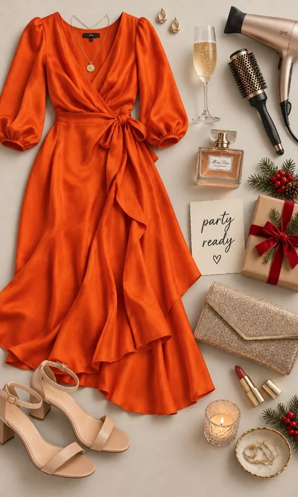 Bright tangerine dress Christmas party outfit for women over 50
