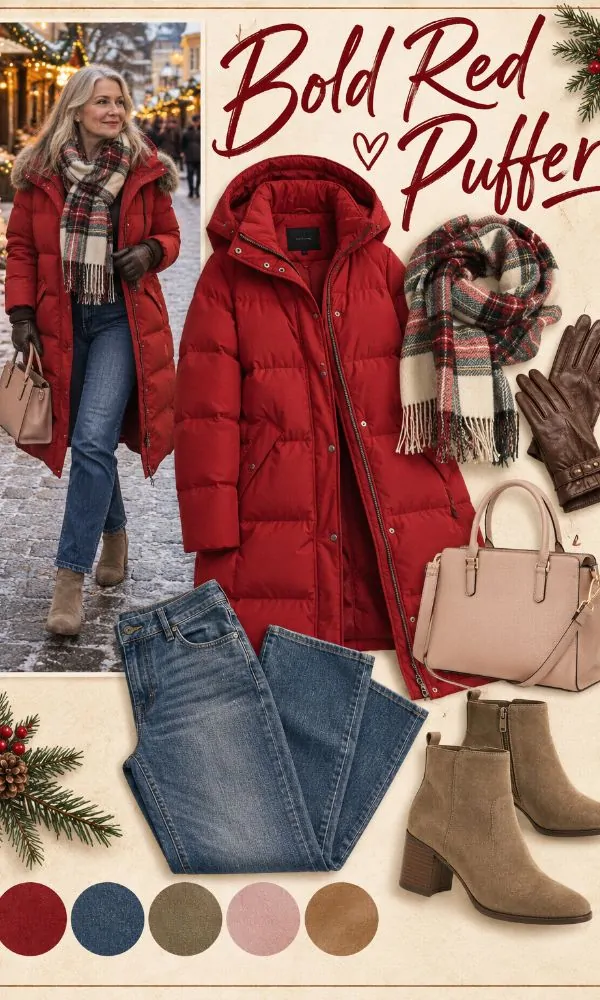 Red puffer jacket Christmas outfit for women over 50