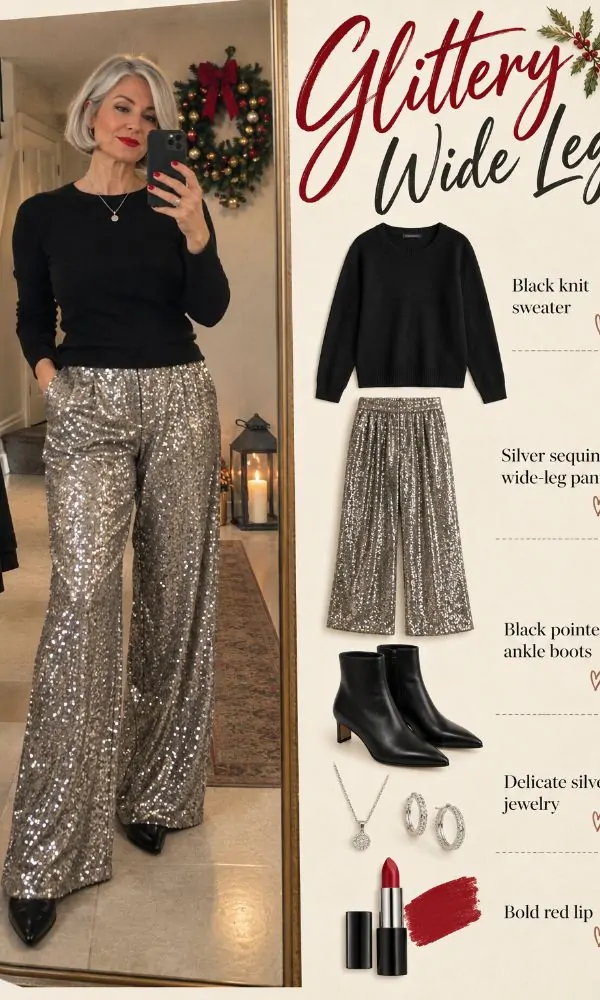 Wide leg glittery pants Christmas outfit for women over 50