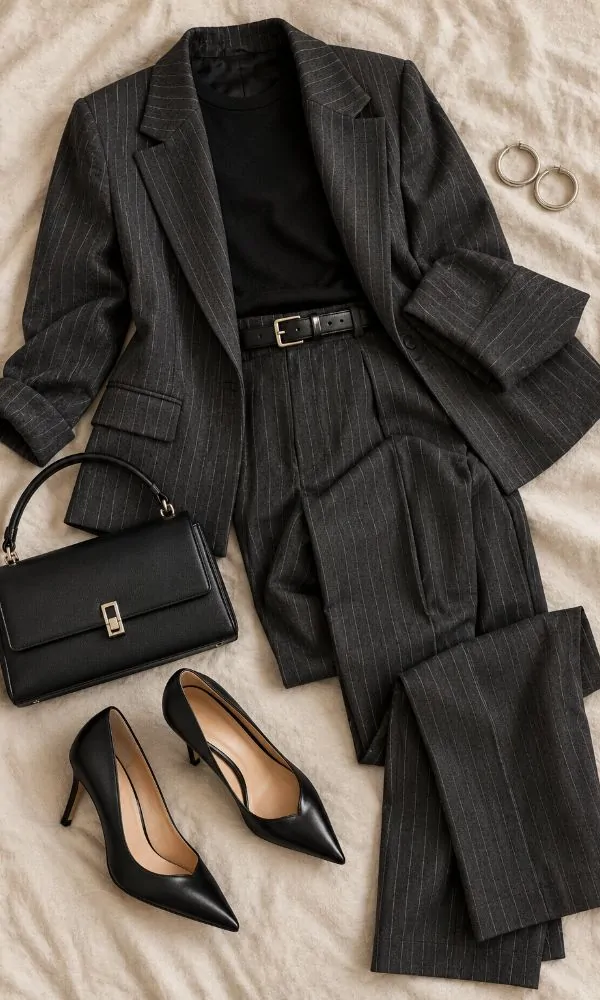 Pinstripe suit with black tee Christmas outfit for women over 50