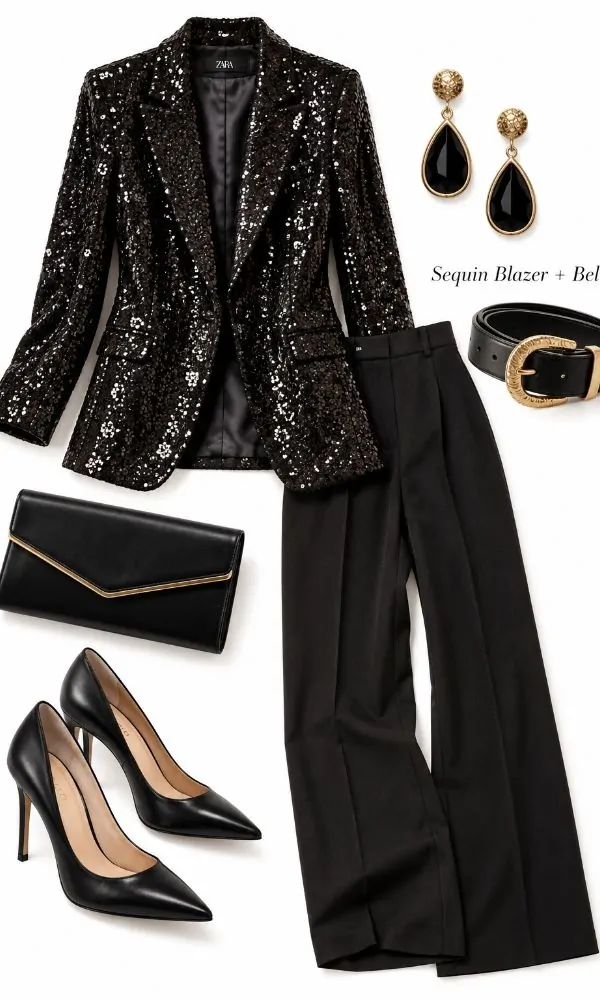 Sequin blazer with detailed belt Christmas outfit for women over 50