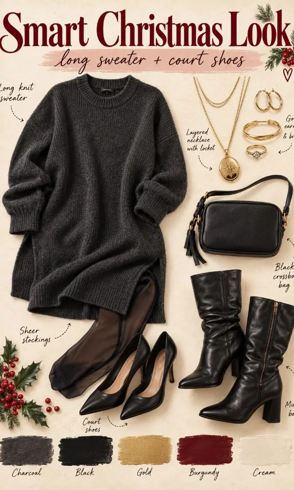 Long sweater with court shoes Christmas outfit for women over 50