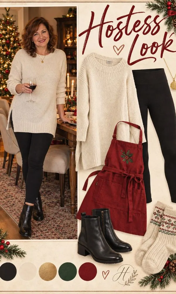 Casual black leggings hostess Christmas look for women over 50