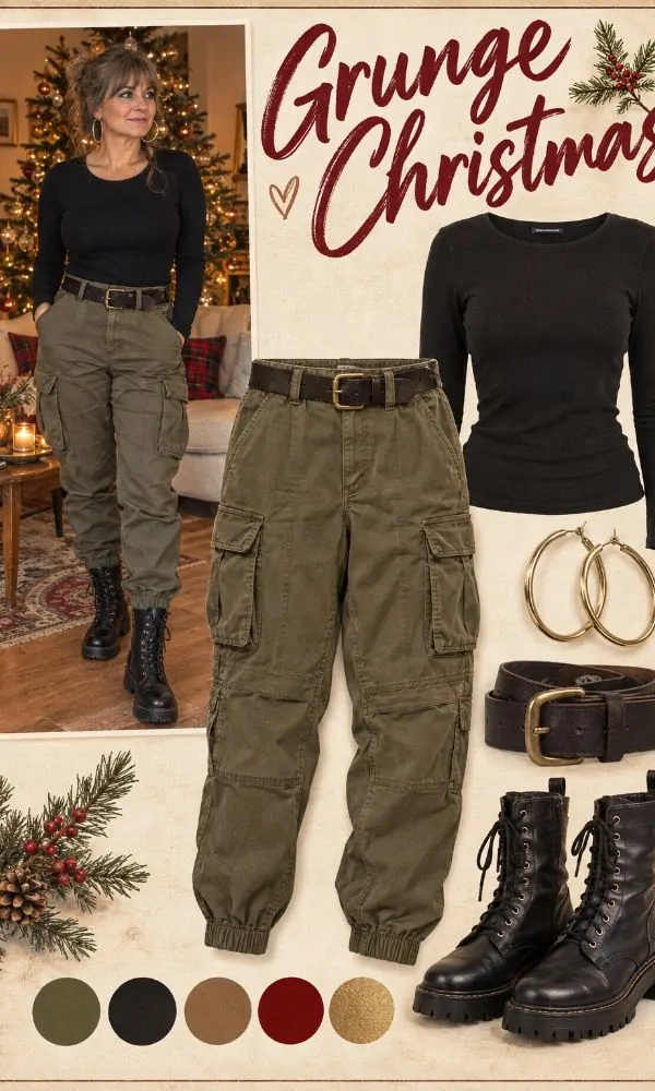 Cargo jogger pants grunge Christmas outfit for women over 50