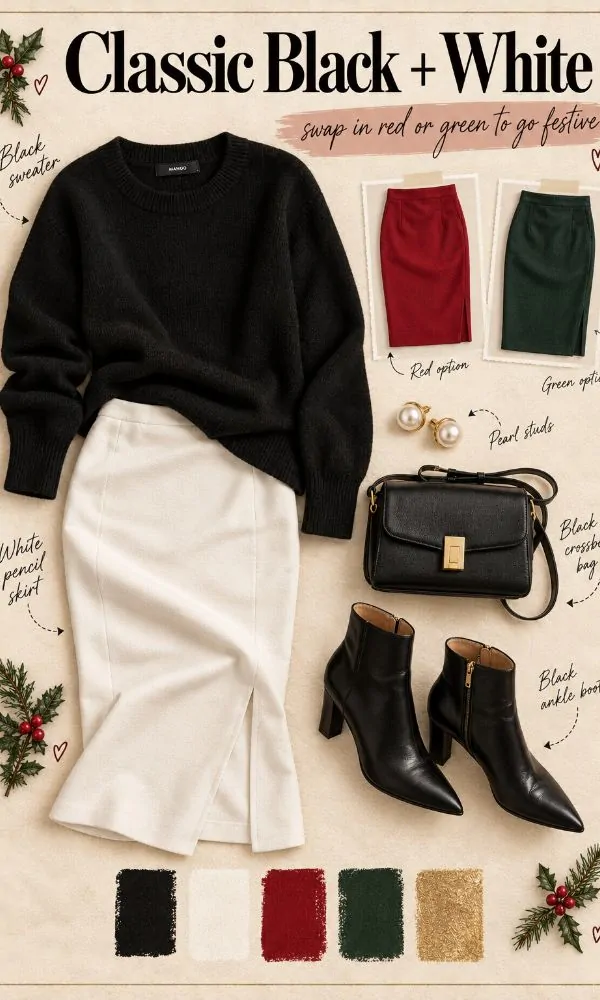 Classic black and white Christmas outfit for women over 50