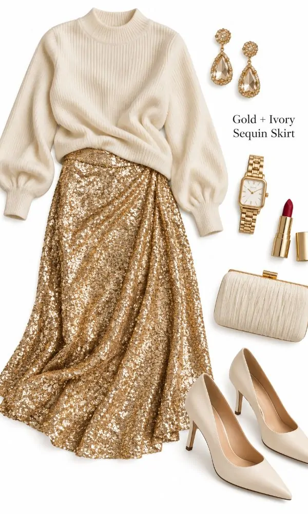 Gold and ivory sequin skirt Christmas outfit for women over 50