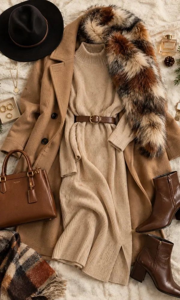 Brown and beige Christmas outfit for women over 50