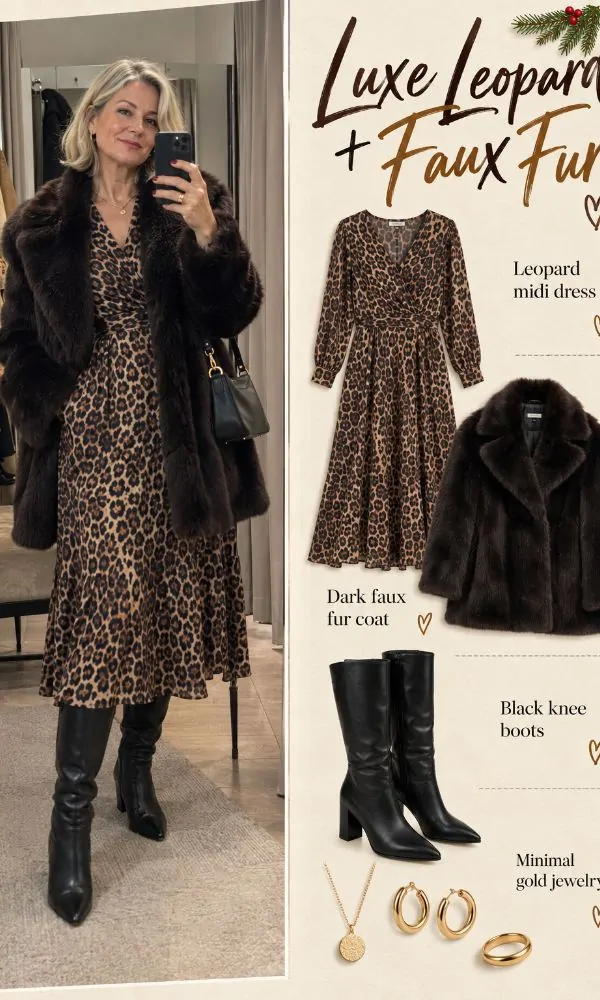 Faux fur jacket with leopard dress Christmas outfit for women over 50
