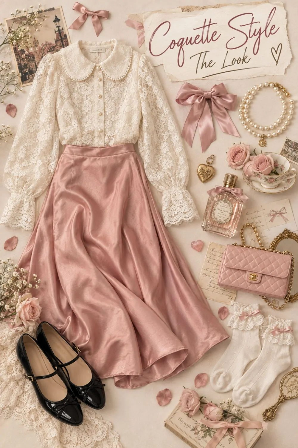 Coquette style look: lace blouse, satin skirt, bows and pearls