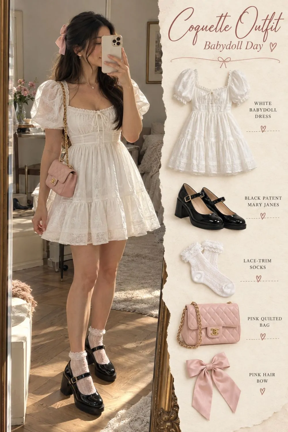 Coquette outfit: Babydoll Dress With Mary Janes styling collage