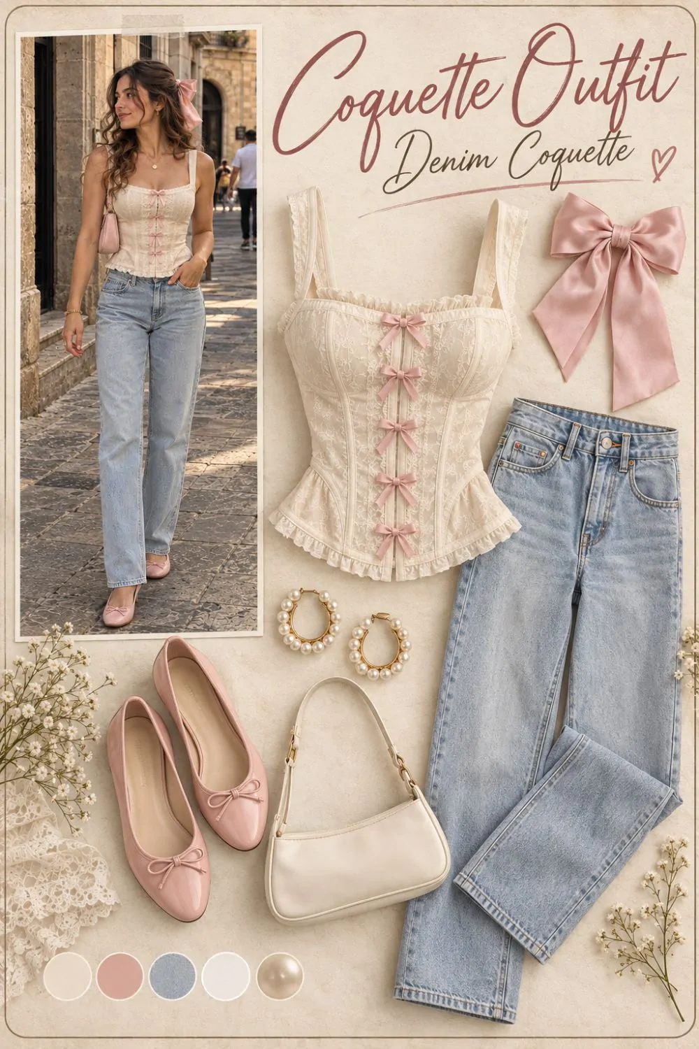 Coquette outfit: Bow-Trimmed Corset Top With Jeans styling collage
