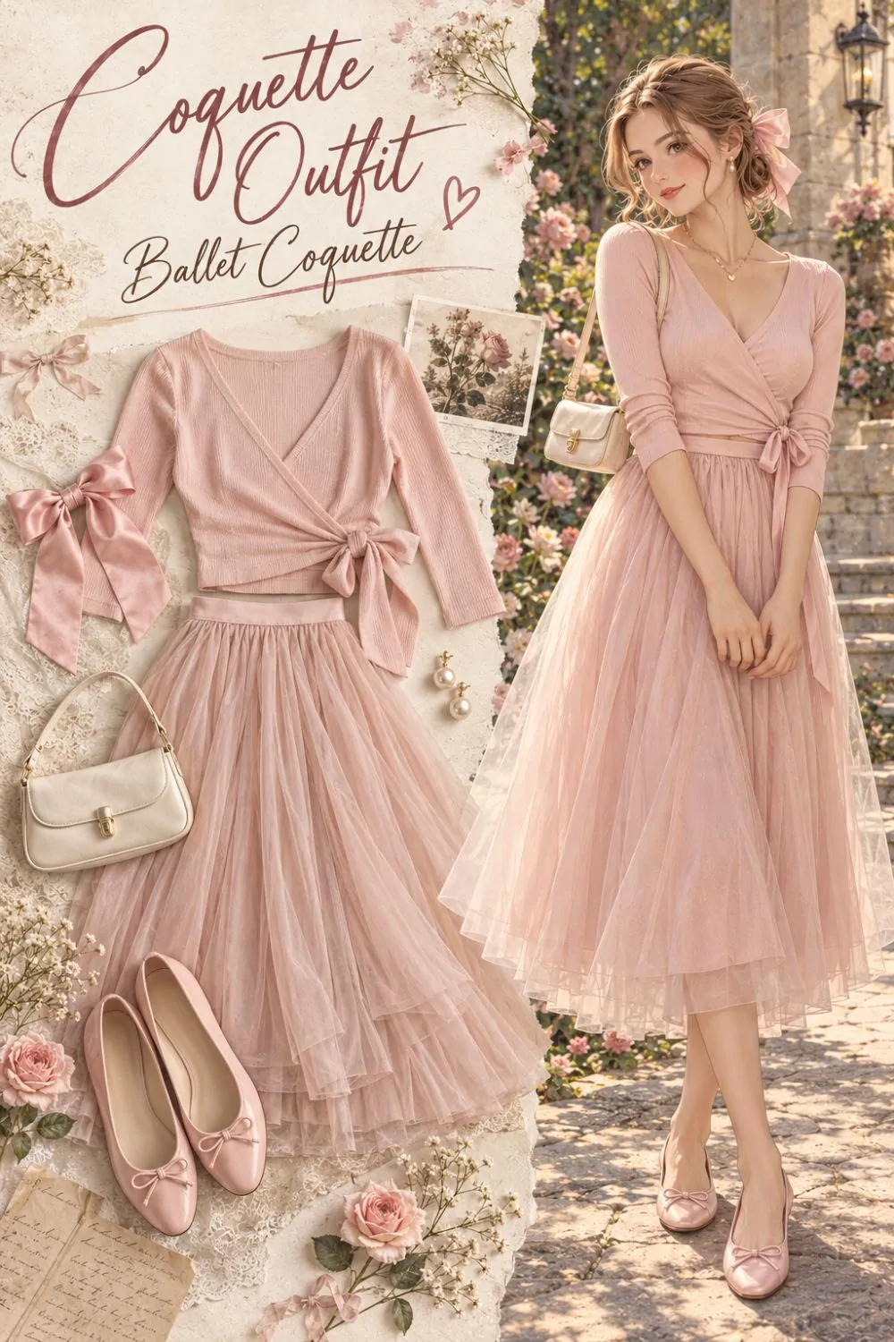 Coquette outfit: Ballet Wrap Top and Tulle Skirt styling collage