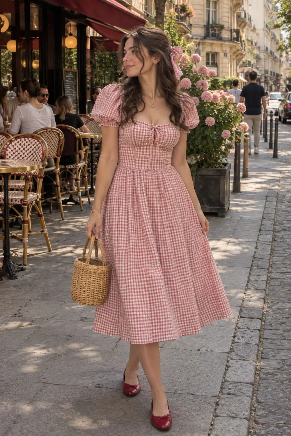 Coquette outfit: Gingham Puff-Sleeve Dress