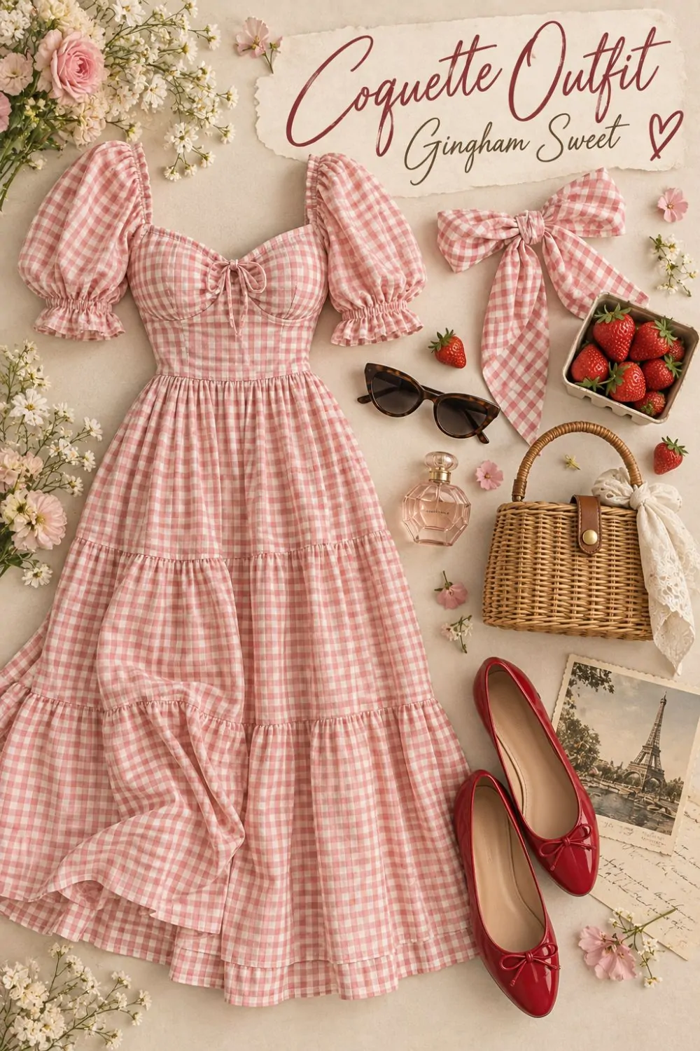 Coquette outfit: Gingham Puff-Sleeve Dress styling collage
