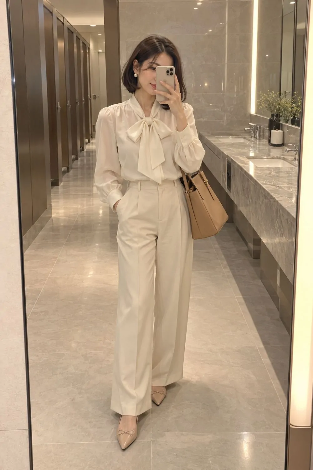 Coquette outfit: Office Coquette, Lace Blouse and Cream Trousers