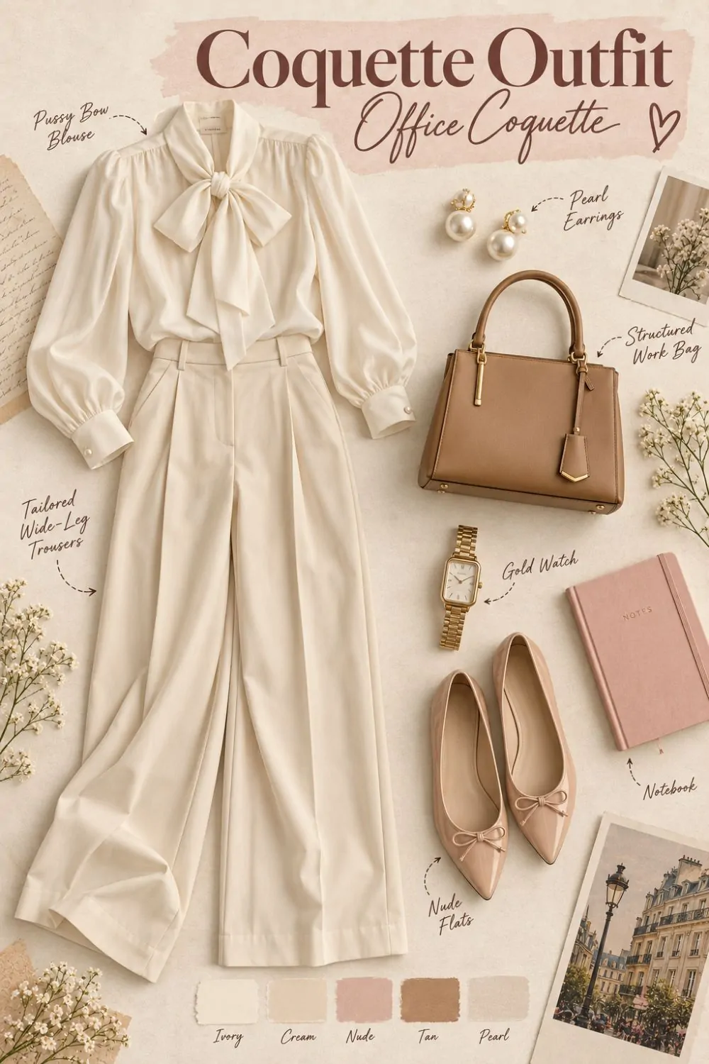 Coquette outfit: Office Coquette, Lace Blouse and Cream Trousers styling collage