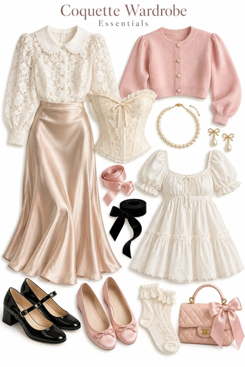 Coquette wardrobe essentials flat lay