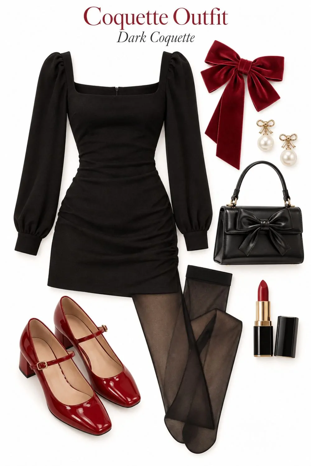 Coquette outfit: Black Mini Dress With Red Bows styling collage