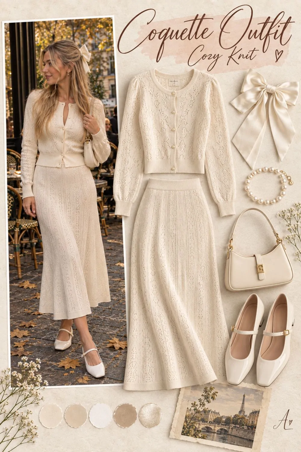 Coquette outfit: Cream Knit Set With a Hair Bow styling collage